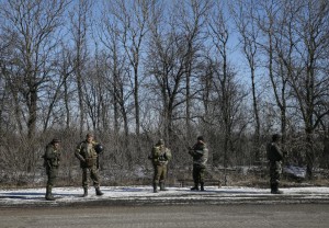 Ukrainian servicemen are seen near Artemivsk