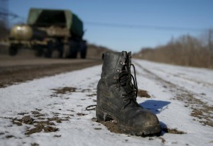 A military boot is seen at the road near Debaltseve