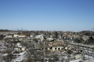 Buildings damaged by fighting are pictured in the village of Nikishine, south east of Debaltseve