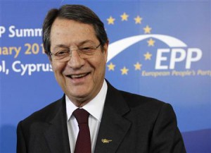 Cyprus' presidential race's forerunner and president of the right-wing Democratic Rally party Nicos Anastasiades looks on before the meeting of European People's Party (EPP) summit in the Cypriot town of Limassol